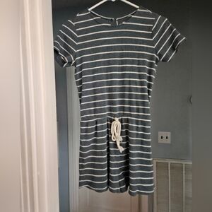 Pink Lily Blue and White Striped Tie Waist Ribbed Short Sleeve Romper